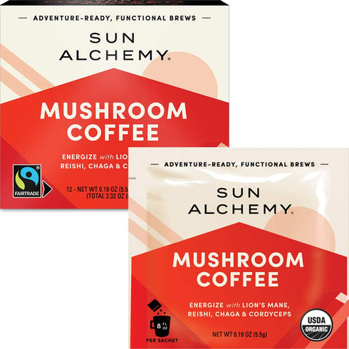 Sun Alchemy Mushroom Coffee, Energize with Organic Fair-Trade Coffee, Lion’s Mane, Reishi, Chaga & Cordyceps Mushrooms - 12 Sachets...