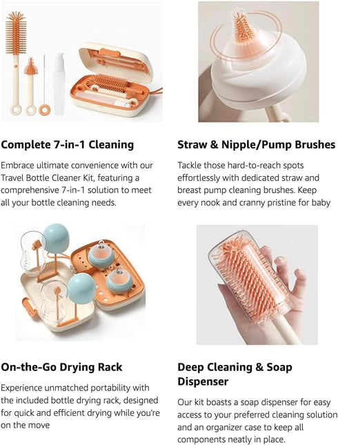 Travel Bottle Cleaner kit, 7in1 Baby Travel Essential Silicone Travel Bottle Brush Set, Nipple, Drying Rack, Straw, & Breast Pump Cleaning, Soap D...