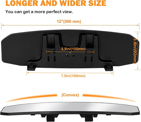 12x3.6'' Rear view Mirror Panoramic Wide Angle Rearview Mirror Universal Interior Clip On Convex Rear View Mirror Lengthened Widened No Blind Spot...