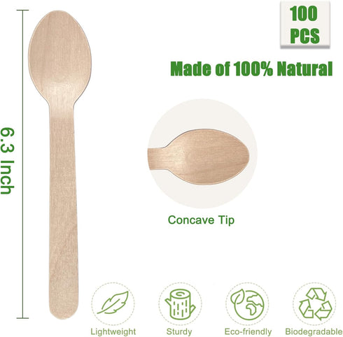 100PCS Disposable Wooden Spoons - 6.3 Inch Compostable Utensils, Biodegradable Bamboo Spoons - Natural Wooden Spoons for Birthday Party, Camping, ...