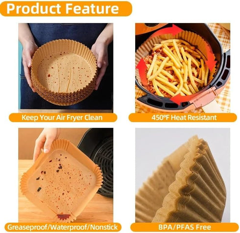 Air fryer liners 8(in), 100pcs, disposible no mess non-stick, square paper liners free of harsh additives, unbleached, for microwave and airfryer ...