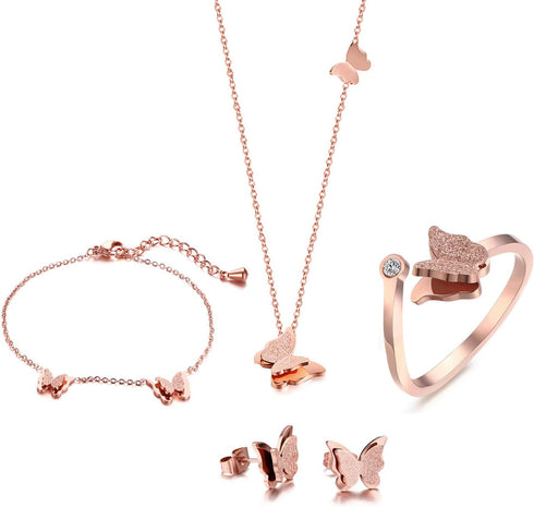 VNOX Butterfly Matte Finish Rose Gold Plated Stainless Steel Bracelet Ring Necklace and Stud Earrings Jewelry Set for Women Teen...