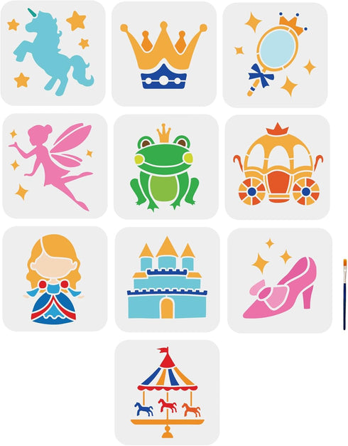 10pcs Princess Fairy Stencil Crown Castle Crystal Shoes Frog Prince Carousel Painting Template 6×6inch with Paint Brush Fantasy Fairy Tale Stencil...