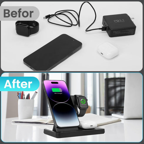Magnetic 3 in 1 Charging Station for Multiple Devices,Mag-Safe Wireless Charger for iWatch & Airpods Pro 3 2, Foldable Charging Stand Dock for iPh...