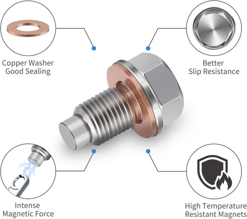 MaySpare M12x1.25 Stainless Steel Magnetic Engine Oil Drain Plug with Copper Crush Washer Replacement for Toyota, Nissan, Lexus, Infiniti(Silver)...
