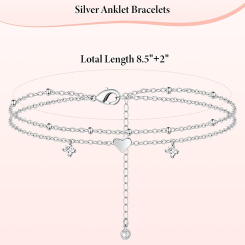 Anklet Bracelets for Women, Layered Heart Ankle Bracelet Silver Plated Cubic Zirconia & Heart Charm Anklets for Women, Summer Foot Jewelry Anklets...