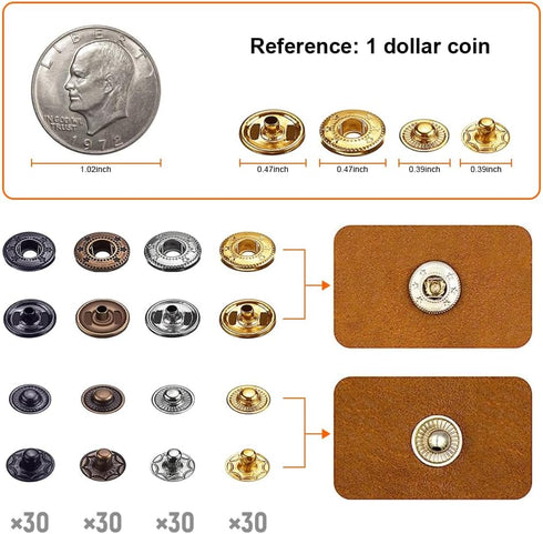 Qfun 120 Set Snap Fasteners Kit for Leather 12mm Metal Button Snaps Press Studs with 4 Setter Tools, 1 hammer, 4 Color Leather Snaps for Clothes, ...