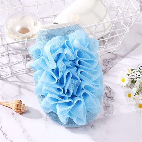 Bath Shower Pouf Sponge 2 in 1 Exfoliating Mesh Pouf Sponge Loofah Bath Glove with Elastic Hand Strap for Women Men Kid Bathroom (Blue)...