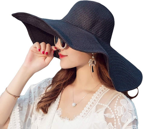 Womens Floppy Straw Hat Wide Brim Foldable Packable Braid Cap UV Protection Summer Gardening Hiking Beach Sun Hat (Black)...