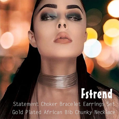 Fstrend Statement Choker Bracelet Earrings Set Gold Plated African Bib Chunky Necklace Costume Party Jewelry Accessories for Women and Girls...