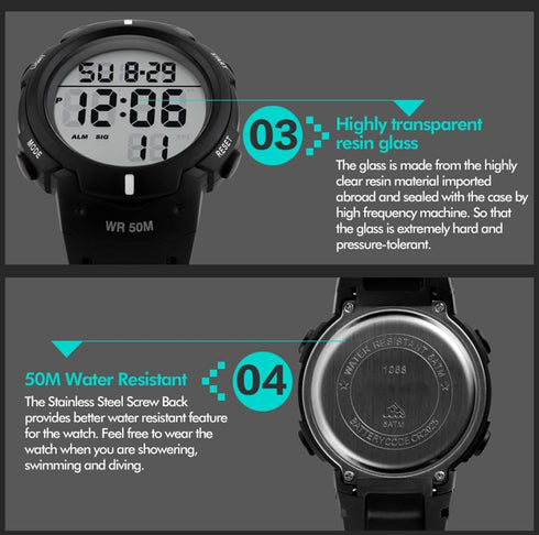 Mens Women Digital Watch Big Dial Light LED Swim Waterproof Rubber Band Alarm Black LED Watches 50MM...