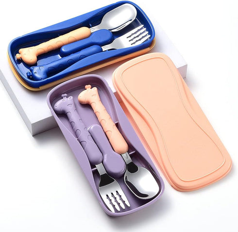 2 Cartoon Toddler Utensil Sets, Kid Spoon and Fork Set, Stainless Steel Toddler Safe Silverware Set for Children Self-Feeding with Travel Carrying...