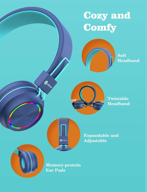 iClever Kids Bluetooth Headphones LED Light Up with Safe Volume, 25H Playtime, Stereo Sound Mic, Bluetooth 5.0, Foldable, On Ear Kids Wireless Hea...