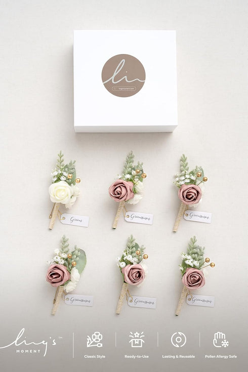Ling's Moment Boutonniere for Men, 6pcs Groom Groomsmen Boutonniere, Artificial Flowers for Wedding Decor/Prom/Homecoming, etc.Pink Dusty Rose...