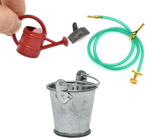 iland Dollhouse Accessories on 1:12 Scale, Gardening Tools Pack of Mini Metal Pail, Watering Pot and Hose Fits Fairy Garden...