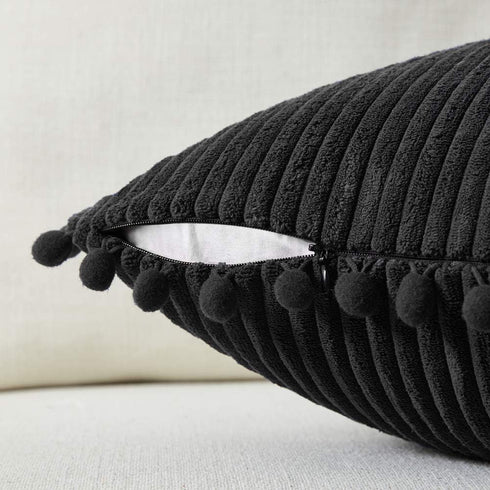 Fancy Homi Pack of 2 Black Lumbar Decorative Throw Pillow Covers with Pom-poms, Soft Corduroy Solid Rectangle Cushion Cases Set for Couch Sofa Bed...