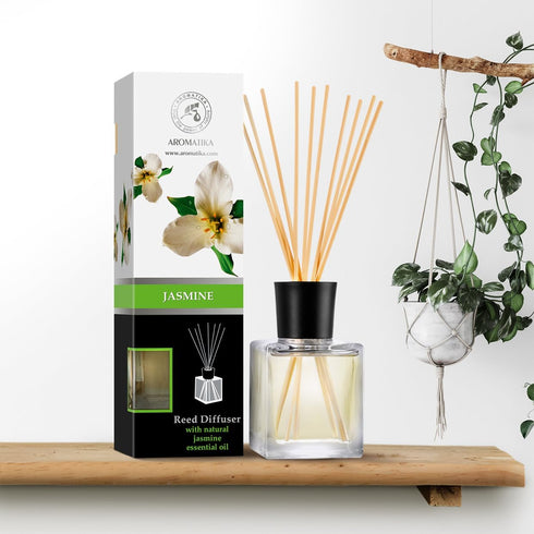 Jasmine Reed Diffuser w/Natural Essential Jasmine Oil 6.8 Fl Oz - Fresh & Long Lasting Fragrance - Scented Reed Diffuser - Gift Set w/Bamboo Stick...