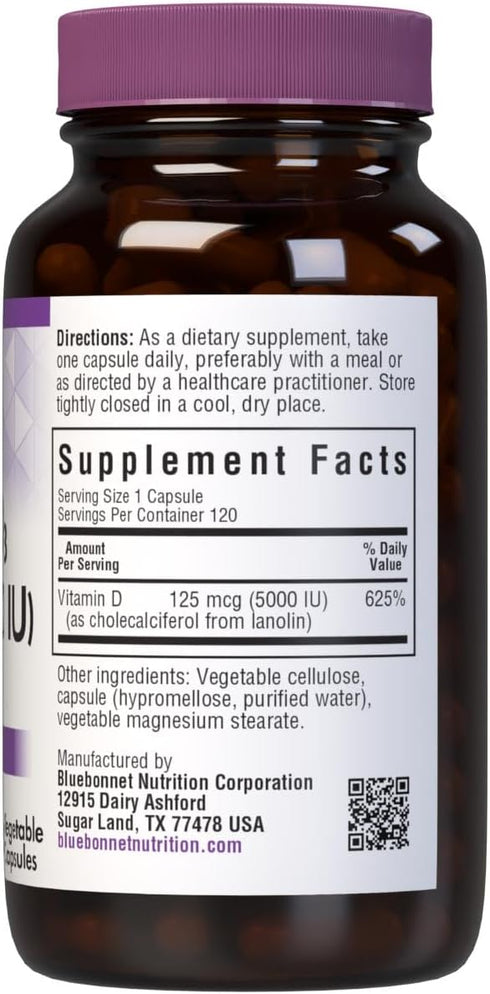 Bluebonnet Vitamin D3 5000 IU Vegetable Capsules, 120 Count...