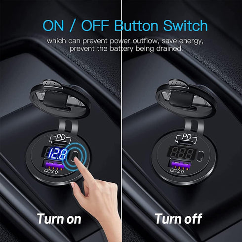 USB C Car Charger Socket, Dual Ports 12V/24V Outlet PD3.0 & QC3.0 Fast Charge Car Charger Adapter with ON/Off Switch and LED Voltmeter for Car, Bo...