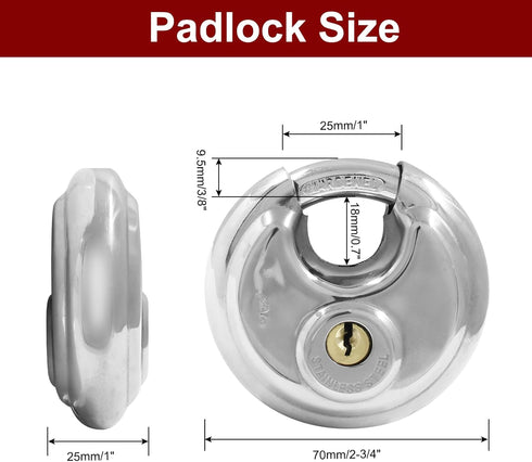 Round Disc Padlock, Heavy Duty Disc Locks Stainless Steel Round Lock with Key Padlock Discus Locks for Storage Unit, Fence, Garages, Sheds(3/8" Di...
