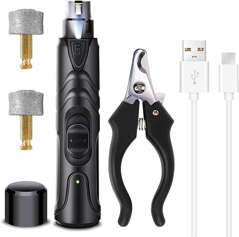 Dog Nail Grinder with LED Light, 2 Speeds Pet Dog Cat Nail Trimmers and Nail Clippers Set Low-Noise Rechargeable Pet Nail Grinder with 2 Grinding ...