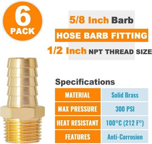 SUNGATOR Hose Barb Fittings 5/8 Inch Barb × 1/2 Inch NPT, Brass Air Hose Barb Fittings, 5/8" Barb to 1/2" NPT Male Hose to Pipe Fitting Adapter Co...