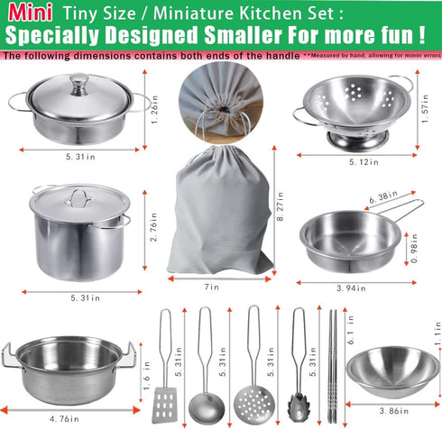 Mini Kids Stainless Steel Cookware Kitchen Cooking Toys Pretend Utensils with Cookware Play Pots and Pans Playset ,Cooking Utensils Pot Rack Organ...