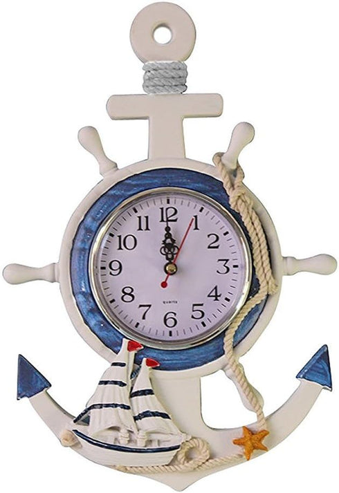 Mediterranean Style Anchor Clock Beach Sea Theme Nautical Wheel Rudder Steering Wheel Decor Wall Hanging Decoration...