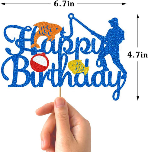 Glorymoment Fishing Cake Toppers Birthday, Glitter Blue Bobber Cake Topper, Fisherman Cake Topper Birthday Fishing Themed Party Cake Decoration Su...