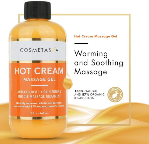 Cosmetasa Hot Cream Massage Gel with Massager Mitt- Natural and 87% Organic Cellulite Cream - Multi Use, Skin Toning Cream, Joints and Muscle - 8....