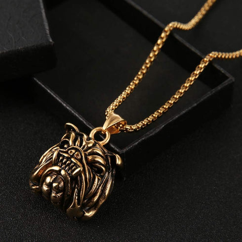 Fierce expression pet pendant gift gold-plated stainless steel bulldog head necklace 22+2 inch chain...