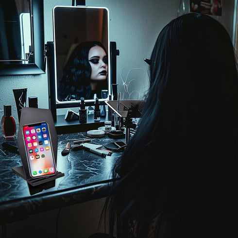 Unique Coffin Cell Phone Stand with Cool Engraved Skeleton for Halloween Goth Office Desk Accessories Supplies - Spooky Phone Holder for iPhone Ip...