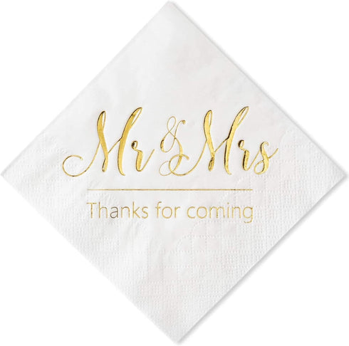 Crisky Napkins Mr and Mrs Gold Cocktail Beverage Dessert for Wedding Shower Engagement Party Decorations, Cake Table Decor Supplies. 100 Pcs, 3-Pl...