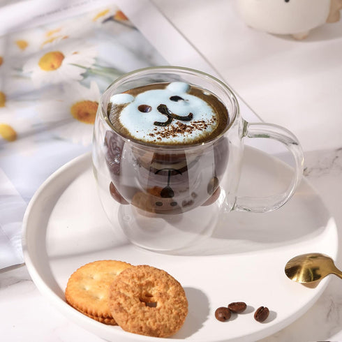 Patelai Cute Bear Tea Cup Double Wall Glass Milk Coffee Bear Mug with Handle Insulated Espresso Christmas Beer Cup Cute Birthday Gift for Women Me...