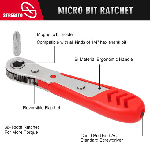 STREBITO Right Angle Screwdriver Low Profile 26 Piece Small Ratchet Set, Stubby Ratchet 90 Degree Ratcheting Screwdriver Set, Mini 1/4 Bit Ratchet...