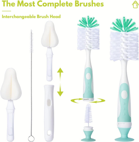 Baby Bottle Brush Set with Nipple Cleaner and Suction, 10.2" Cleaning Brush and 6.5" Sponge Bottle Brush with A Replacement Brush Head and Two 6.7...