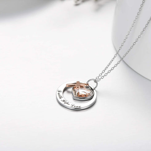 AOBOCO Two-Tone Sterling Silver and Rose Gold or Gold-Faith Hope Love Cross Charm Pendant Necklace with Austrian Crystal...