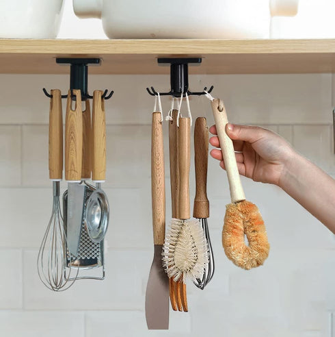 2pcs Under Cabinet Kitchen Utensils Hooks, 360 °Rotation Utility Hooks,Under Cabinet Adhesive Kitchen Hanging Storage Rack for Kitchen Utensils To...