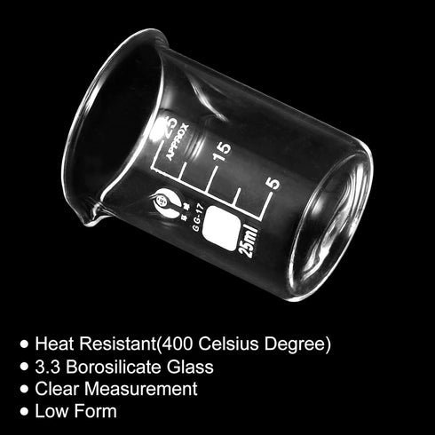 PATIKIL 3Pcs 25ml Low Form Glass Beaker, 3.3 Borosilicate Glass Graduated Printed Scale Measuring Cups with Spout for Kitchen Lab Liquids...