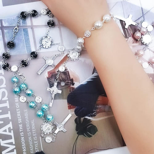 4 Pcs Rosary Beads Catholic, FineGood Cross Car Mirror Hanging Accessories Blessing Auto Rear View Mirror Pendant Car Decor Interior...
