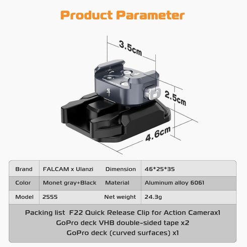 Falcam F22 Quick Release Clip for Action Camera with Adhesive Pad, Camera Helmet Chest Mounting Adapter, 22mm Aluminum Camera Accessory Kit for Ph...