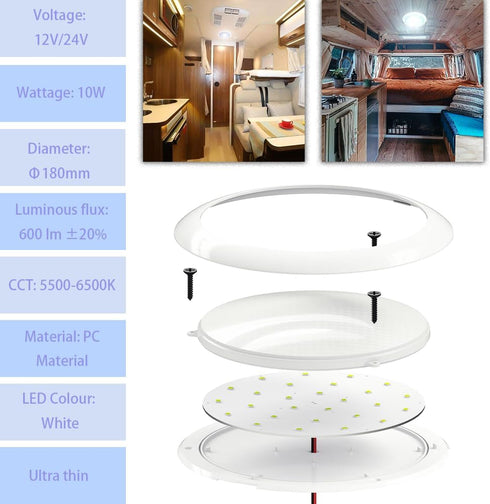 12 Volt LED Lights 7" DC 12/24V 10W Downlight 5500-6500K Bright White Round Dome Camper RV Interior Lights Ceiling LED Panel Light for Inside Car ...