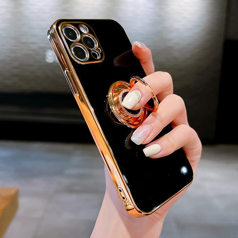 Case for iPhone 15 Pro Max Ring Holder Case with Diamond Shiny Plating Rose Gold Edge Built-in 360 Rotation Magnetic Kickstand for Women Girls Sli...