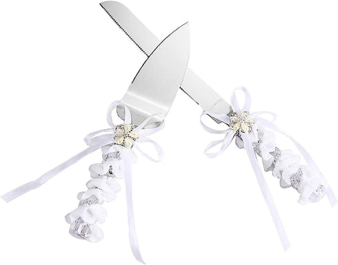 TANG SONG Stainless Steel Elegant Wedding Cake Knife and Serving Set Resin Plastic Handle Pearl Flower Shape with Lace Wedding Cake Knife and Shov...