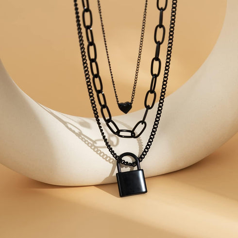 Stacked Necklaces for Women Black Lock Chains Heart Grunge Layered Necklace Aesthetic Pendant Multilayer Choker...