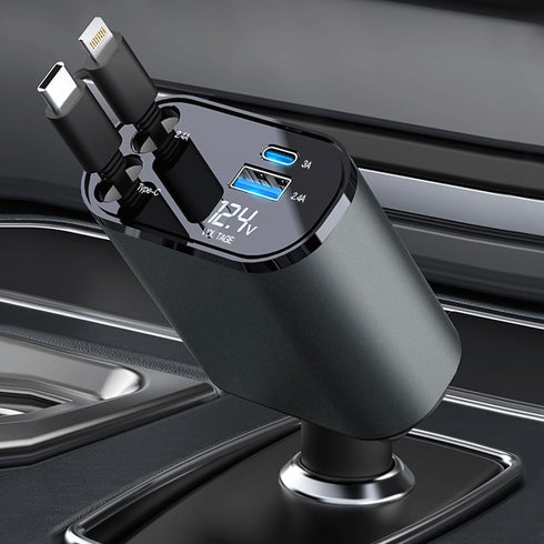 Retractable Car Charger, 4 in 1 Fast Cell Phone Automobile Chargers, with 2.7ft Retractable Cables and 2 USB Ports, Compatible with iPhone15/14/13...