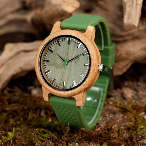 BOBO BIRD Mens Womens 44mm Big Neutral Bamboo Wooden Watch Unisex Japan Analog Quartz Green Silicone Strap Sports Casual Watches with Wood Box...