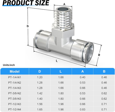 TAILONZ PNEUMATIC 304 Stainless Steel Male Branch Tee 1/2 Inch Tube OD x 3/8 Inch NPT Thread Push to Connect Fittings PT-1/2-N3 (Pack of 2)...