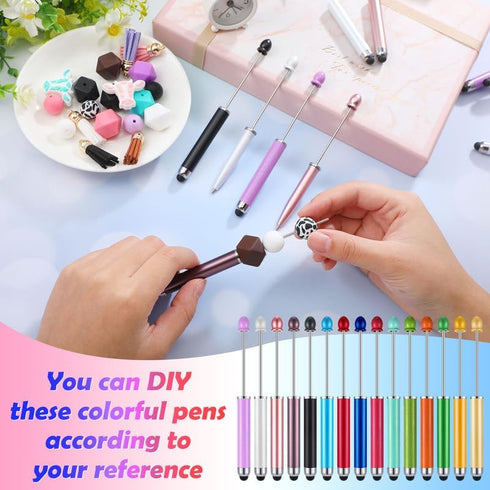 30 Pcs Plastic Beadable Pens 2 in 1 Stylus Bead Pen Empty Tube Floating Black Ink Bead Pens with 30 Pcs Black Refills for DIY Making Gift Kids Stu...