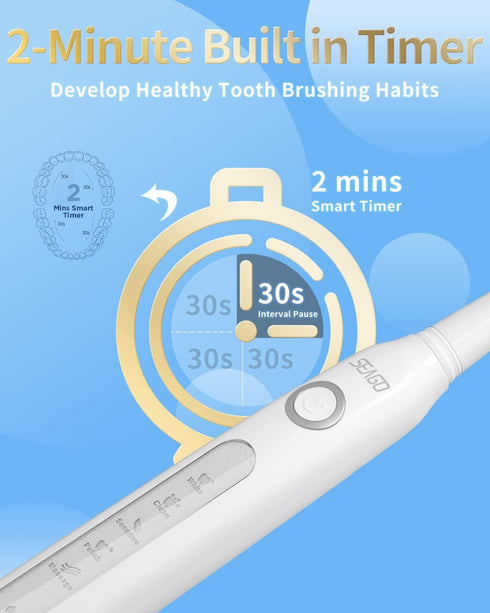 SEAGO Electric Toothbrush for Adults, Ultrasonic Toothbrushes with 8 Brush Heads, Rechargeable Electronic Toothbrush, White, SG-507...